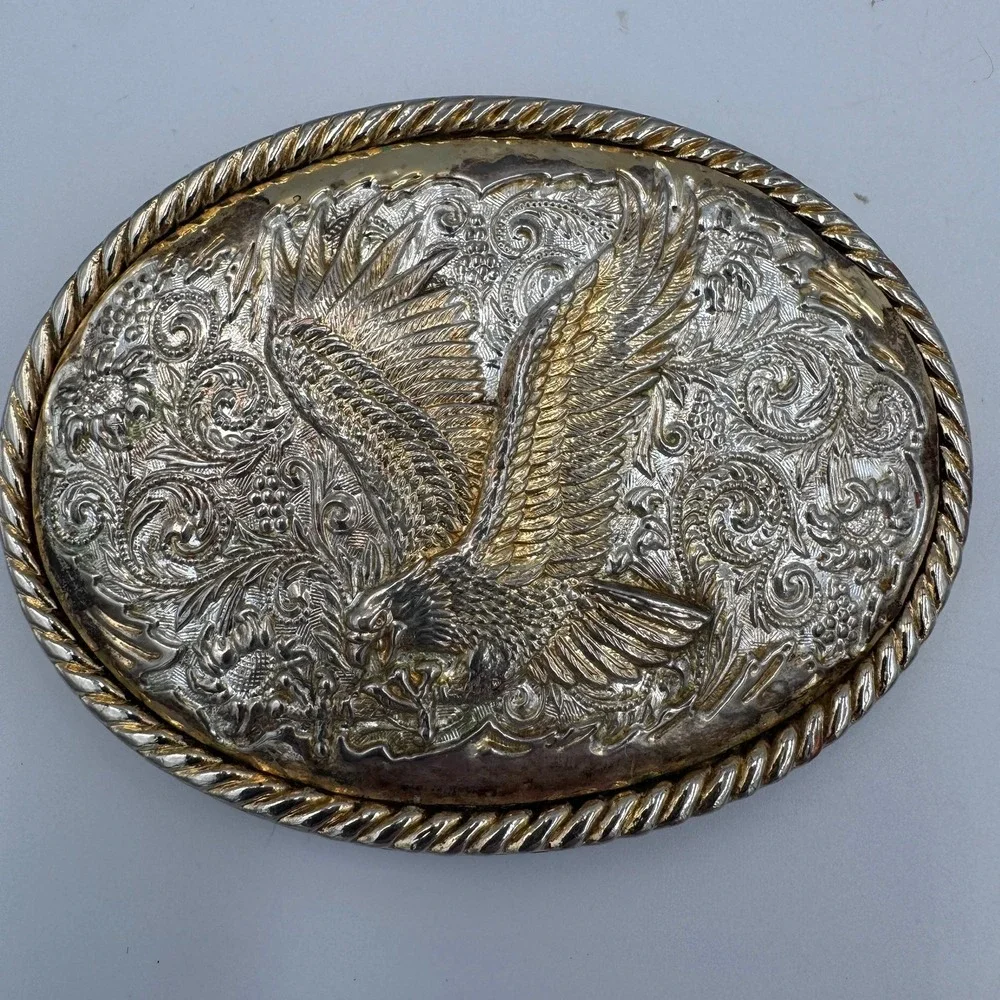 Ivan Western Eagle‎ Belt Buckle Silver Gold Tone Floral Scrollwork Rope Border